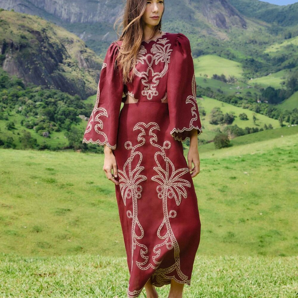 FARM Rio Red Artisanal Cut-out Embroidered Euroflax™ Premium Linen Maxi Dress